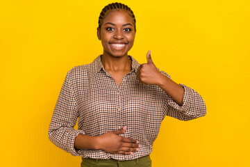 Photo of cheerful positive lady dressed checkered shirt arm stomach showing thumb up isolated...