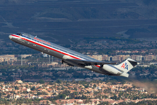 Las Vegas, Nevada, USA - May 8, 2013: American Airlines McDonnell Douglas MD-83 aircraft taking off from McCarran International Airport in Las Vegas.