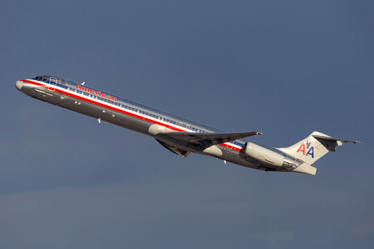 Las Vegas, Nevada, USA - May 8, 2013: American Airlines McDonnell Douglas MD-83 aircraft taking off from McCarran International Airport in Las Vegas.