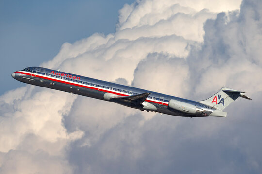Las Vegas, Nevada, USA - May 8, 2013: American Airlines McDonnell Douglas MD-83 aircraft taking off from McCarran International Airport in Las Vegas.