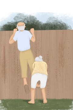 Old retired people couple having fun life after 50 age  watch out for neighbours old lady help to climb up the fence to her husband 