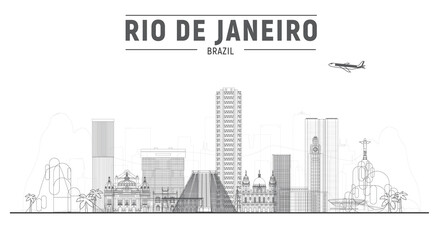 Rio De Janeiro (Brazil) line skyline with panorama in white background. Vector Illustration. Business travel and tourism concept with modern buildings. Image for presentation, banner, web site.