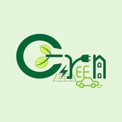 G letter combined with power button icon and green leaves. Green power typographic design. Vector illustration outline flat design style.