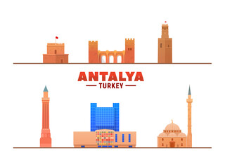 Fototapeta premium Antalya ( Turkey ) city landmatks in white background. Vector Illustration. Business travel and tourism concept with modern buildings. Image for presentation, banner, placard and web site.