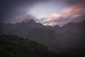 Sunrise View the pass Boca da Encumeada in Madeira. Portugal. Lombo Do Moleiro region. October 2021