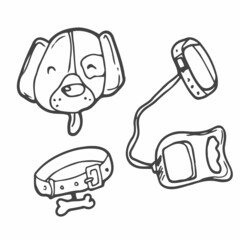 Dog accessories - pet equipment hand-drawn illustration, sketch style. vector dog collar and dog head character