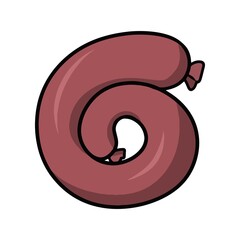 Smoked delicious pink sausage rolled into a ring, vector cartoon illustration