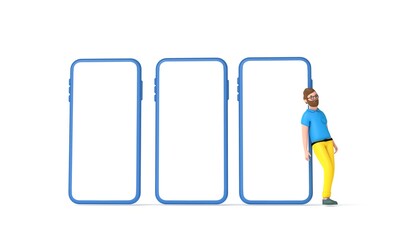 Hipster man cartoon character standing next to a large smartphone with a blank mock up screen . 3D Render
