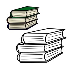 A stack of thick books, a cartoon vector illustration . A set of color and monochrome images