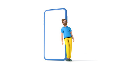 Hipster man cartoon character standing next to a large smartphone with a blank mock up screen . 3D Render