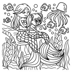 Fototapeta na wymiar Mother And Daughter Mermaid Coloring Page 