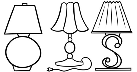 A set of various cartoon lamps, lampshades and lamps, a cozy light in the room. Monochrome illustration.