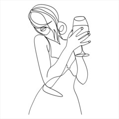Continuous line drawing of a woman with a glass in her hands, vector illustration .Minimalist beauty of a woman in a dress
