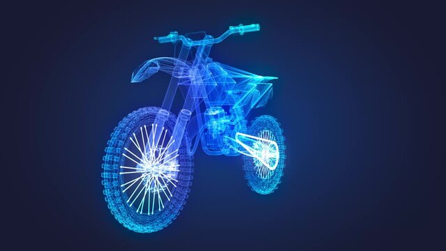 Motorbike. Mesh formation of 3d Model. Rotating hologram technology visualization of 3d.