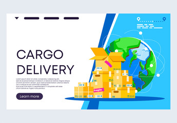 Vector illustration banner template for cargo delivery website, packing boxes, globe world map, location icon, cargo tracking, delivery route