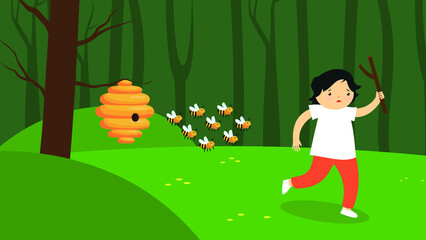 a boy in the forest runs away from bees, a bee nest on a tree