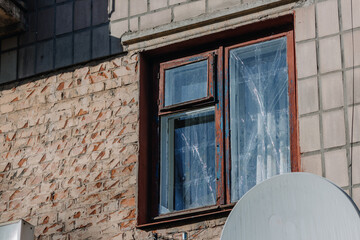  Taped window in an apartment building in the city of Chernihiv near Kyiv in northern Ukraine....