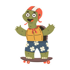 Cute turtle on skateboard vector cartoon character isolated on a white background.