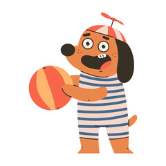 Cute dog with beach ball vector cartoon character isolated on a white background.