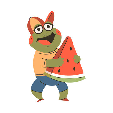 Cute frog with watermelon slice vector cartoon character isolated on a white background.