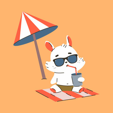Cute bunny sunbathing under beach umbrella vector cartoon character isolated on a white background.