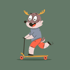 Cute deer on kick scooter vector cartoon character isolated on a white background. © Roi_and_Roi