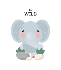 Cute Elephant. Cartoon style. Vector illustration. For card, posters, banners, children books, printing on the pack, printing on clothes, fabric, wallpaper, textile or dishes.
