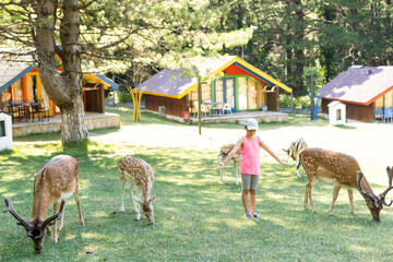 Little girl is standing with a reindeer