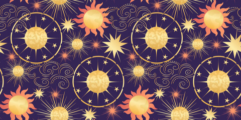 Star celestial seamless pattern with sun and planet. Magical astrology in vintage boho style. Golden sun with rays and stars. Vector illustration. © Анжелика Полтавец