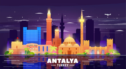 Fototapeta premium Antalya ( Turkey ) skyline with panorama in night background. Vector Illustration. Business travel and tourism concept with modern buildings. Image for presentation, banner, placard and web site.