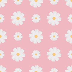 Camomiles. Delicate white flowers. Repeating vector pattern. Isolated pink background. White daisies. Seamless summer ornament. Delicate floral background. Flat style. Flowering plant. Idea 