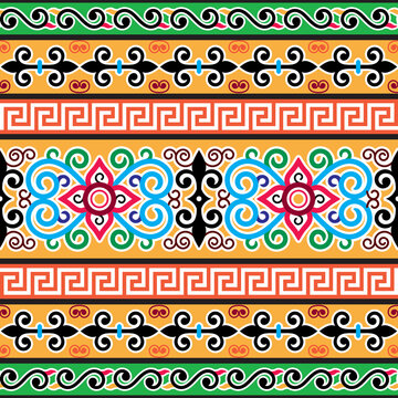 Mongolian folk art seamless vector pattern with flowers and swirls, traditional textile or fabric print colorful design
