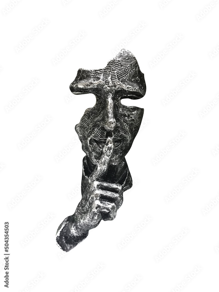 Poster a metal mask with an index finger at the mouth. silence gesture. isolated on white background