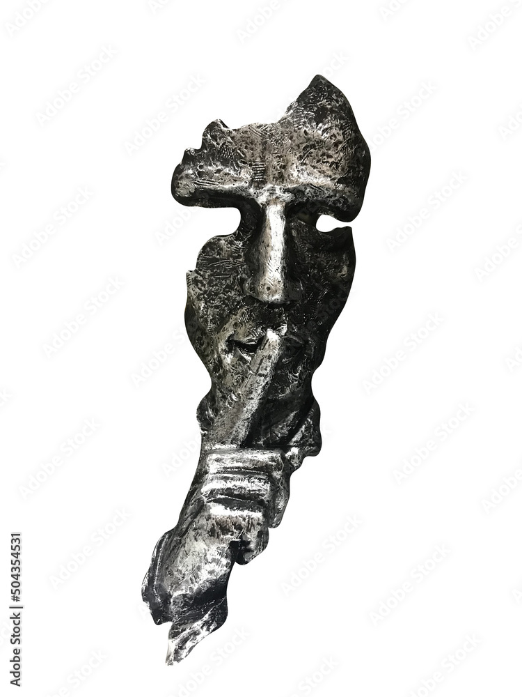 Poster a metal mask with an index finger at the mouth. silence gesture. isolated on white background