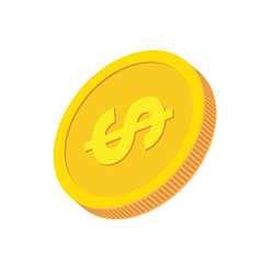 Gold coin of one dollar. Isolated, flat, golden money, token