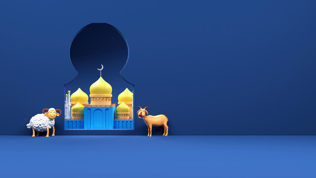 3D Rendering Sheep With Goat, Mosque Illustration And Copy Space On Blue Background.