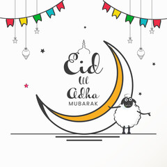 Eid-Ul-Adha Mubarak Font With Doodle Crescent Moon, Cartoon Sheep, Lanterns, Stars Hang And Bunting Flags On White Background.