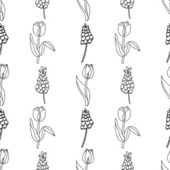 Seamless pattern in doodle style, tulips with spring primroses. Great for fabric, wallpaper, textile, wrapping. Vector illustration.