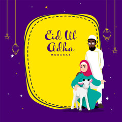 Eid Ul Adha Mubarak Greeting Card With Islamic Couple Holding Goat, Hanging Lanterns, Stars On Yellow And Purple Background.