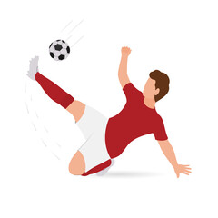 Fototapeta na wymiar Cartoon Male Soccer Player Kicking Ball On White Background.