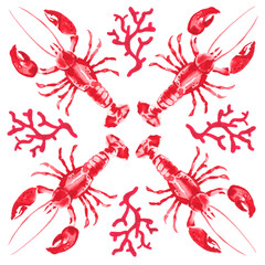 Watercolor set of red lobsters and corals, shape of pattern painted  - 504354783