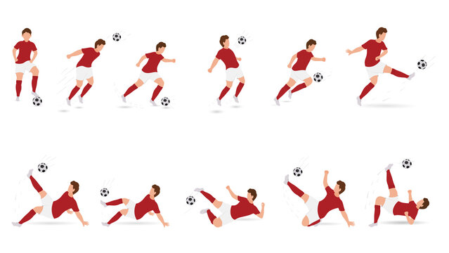 Set Of Faceless Male Soccer Player Kicking Ball In Various Poses.