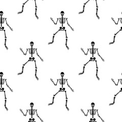 Black skeletons in various poses pattern. Halloween design. Perfect for fall, holidays, fabric, textile. Seamless repeat swatch.