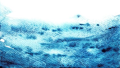 Watercolor sky blue background banner. Isolated border. Stains on paper, hand painted