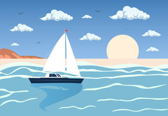 Boat on beach with clouds, sand. Beautiful landscape. Summer background