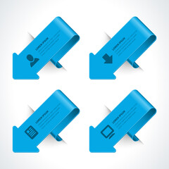 Glossy blue metallic curved arrows infographics scheme abstract business workflow structure visualization realistic template vector illustration. Wave directional pointers information flowchart option