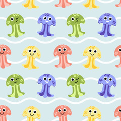 Jellyfish seamless pattern. Colorful jellyfish on blue background. Flat, cartoon, vector © Aleksandra
