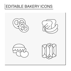 Bakery line icons set. Sweet desserts. Pretzels, banana bread, apple pie and cannolis. Tasty bread. Baking concepts. Isolated vector illustrations.Editable stroke