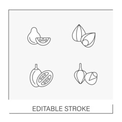 Fruits line icons set. Different types of tropical fruits. Guava, guarana, breadfruit and golden berry. Balanced nutrition. Diet concepts. Isolated vector illustrations. Editable stroke