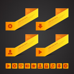 Abstract yellow folded paper geometric figure business scheme web icons set realistic template vector illustration. Information blank visualization digital bar steps options user interface flowchart